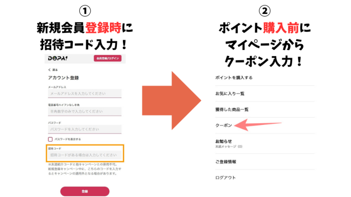DOPAオリパの招待コードとクーポンコードの使用の流れ