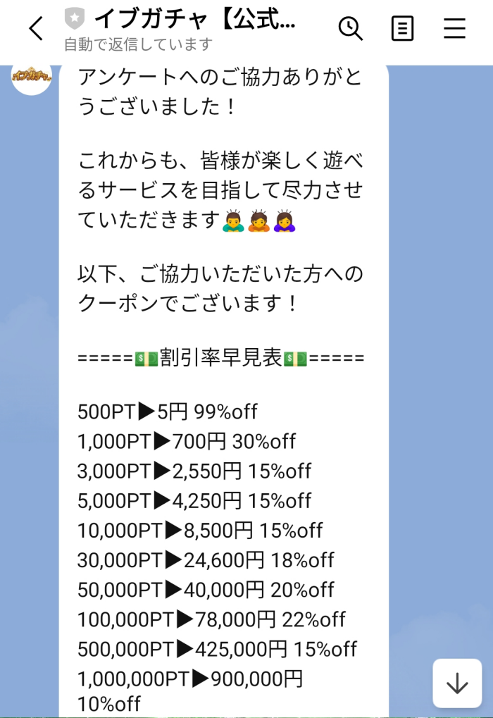 イブガチャのLINE登録+アンケート回答 クーポンコードの割引率